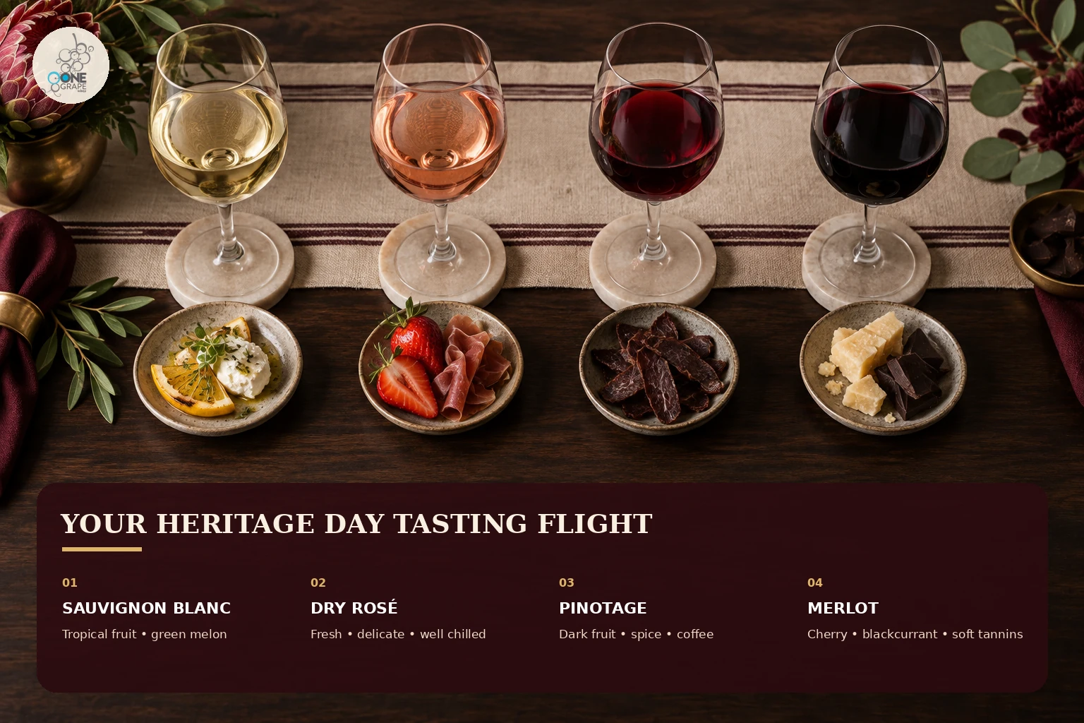 Heritage Day tasting flight from Sauvignon Blanc and Dry Rosé to Pinotage and Merlot
