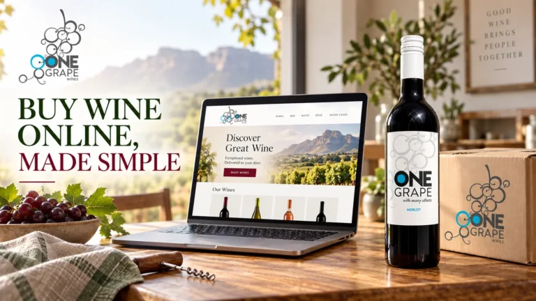 OneGrape Merlot beside an online wine shop and delivery parcel on a natural wood table