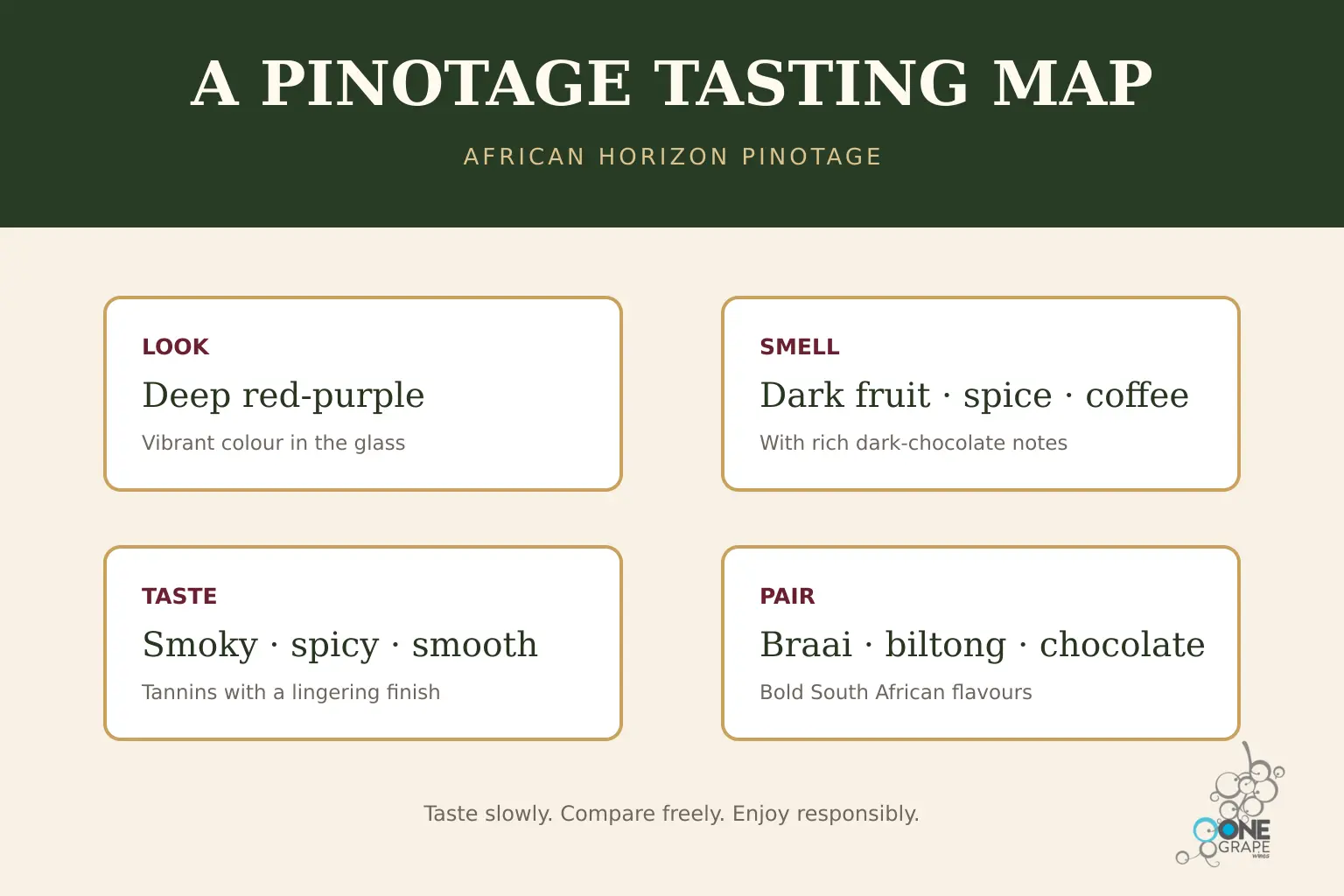 African Horizon Pinotage tasting map with colour aroma flavour and food pairing prompts