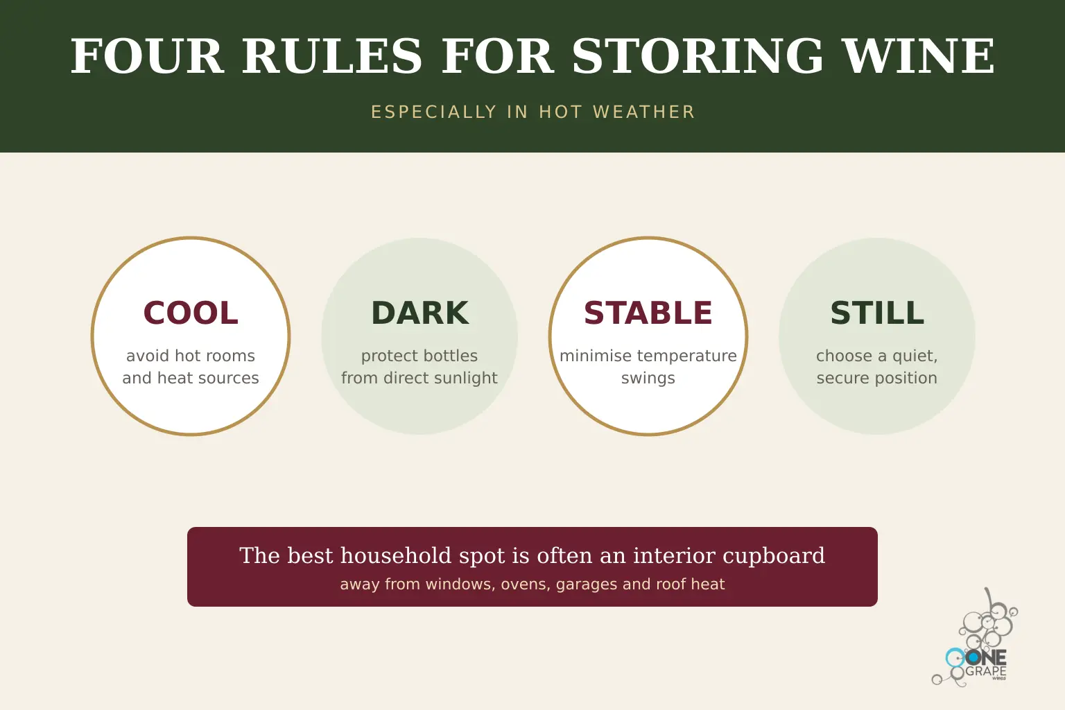 Four rules for storing wine in hot weather: cool dark stable and still